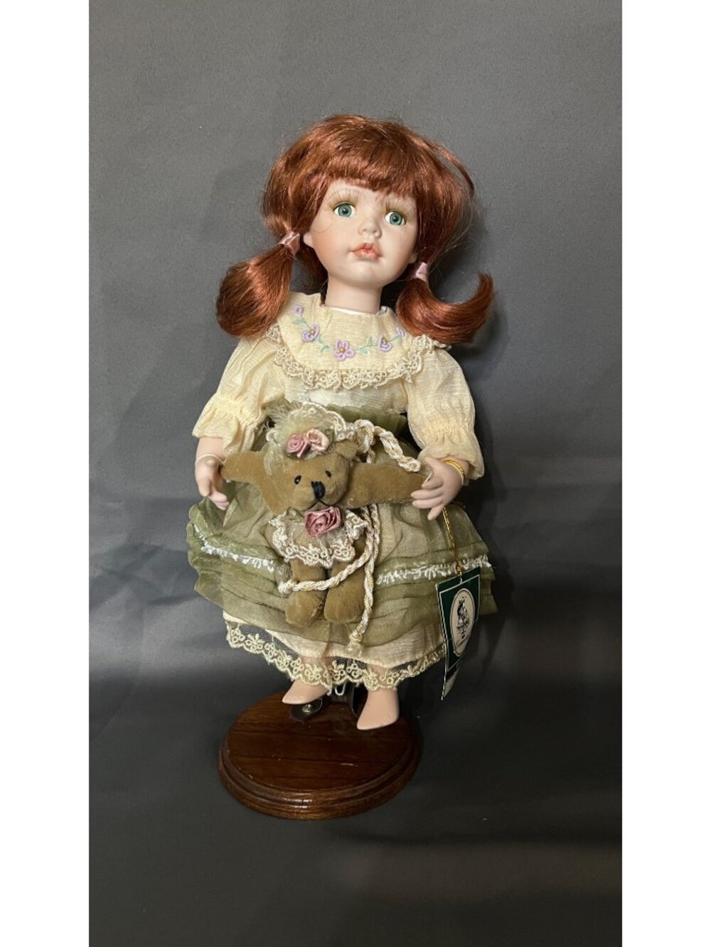 Geppeddo Erica Porcelain Doll With Bear & Stand - Lace Dress & Tag Included